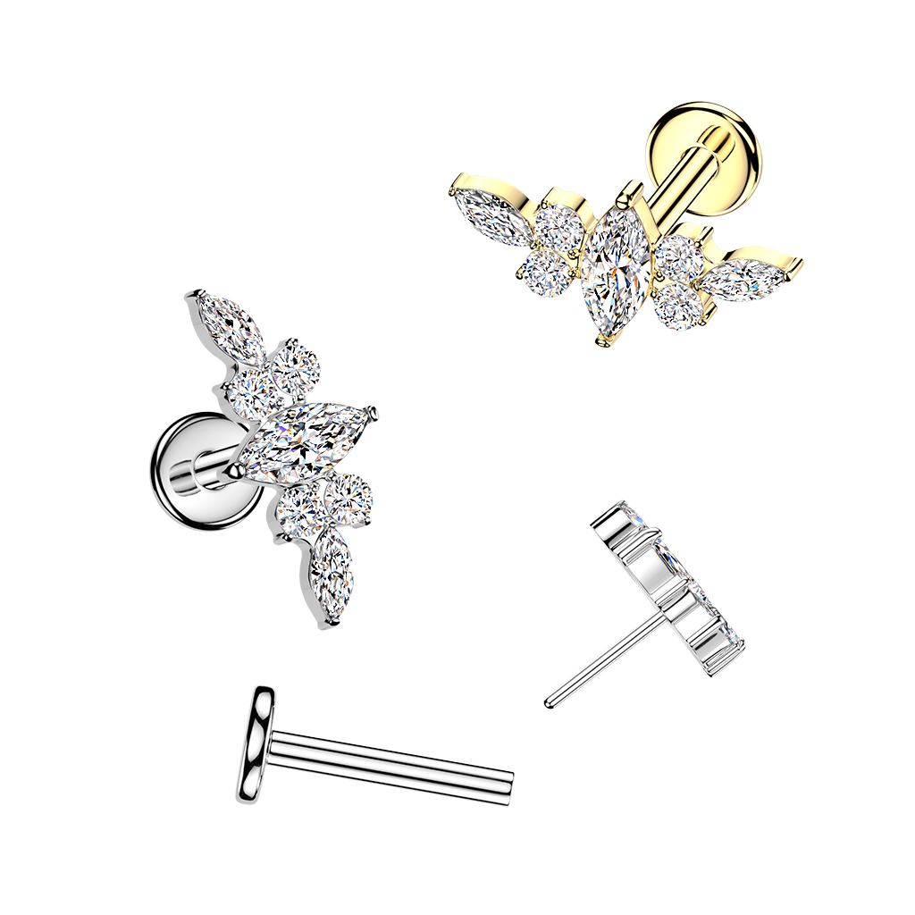 Silver and gold labret studs with a five-stone marquise and round leaf cluster