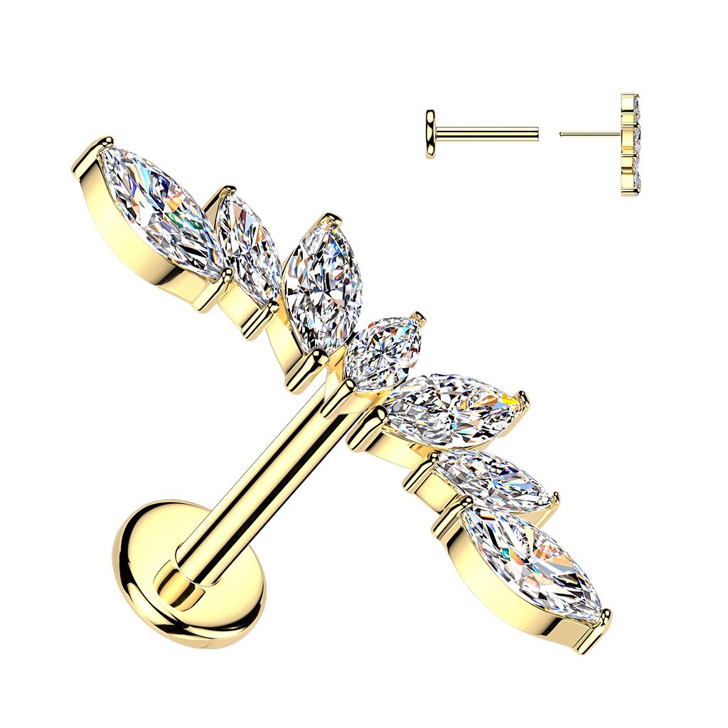 Gold titanium labret with seven marquise-cut clear gemstones in a curved vine