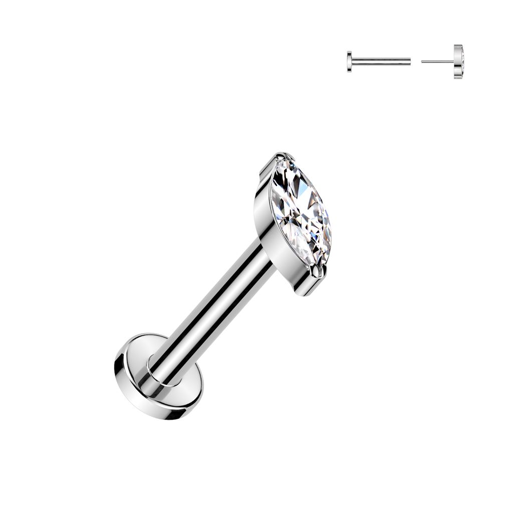 Silver titanium labret with a single marquise-cut clear gemstone