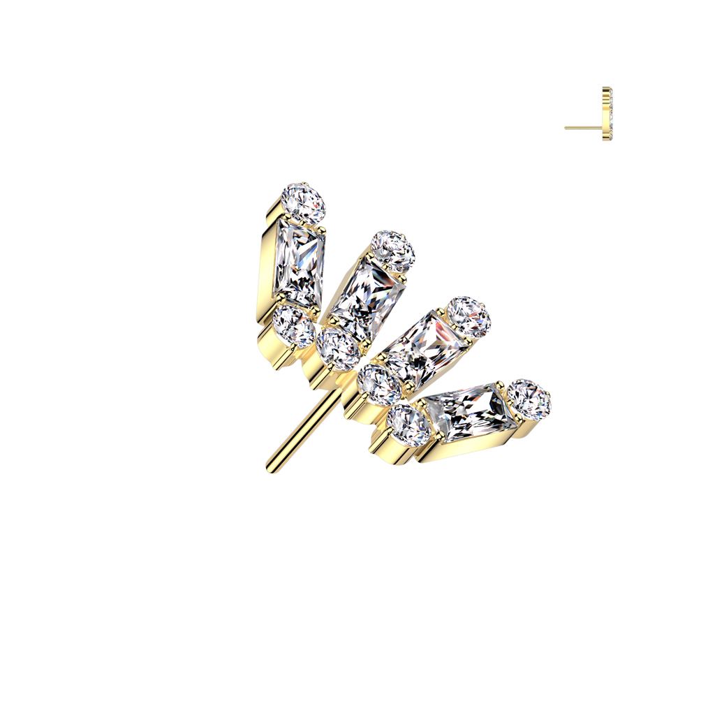 Gold labret with a zigzag row of alternating baguette and round clear gemstones
