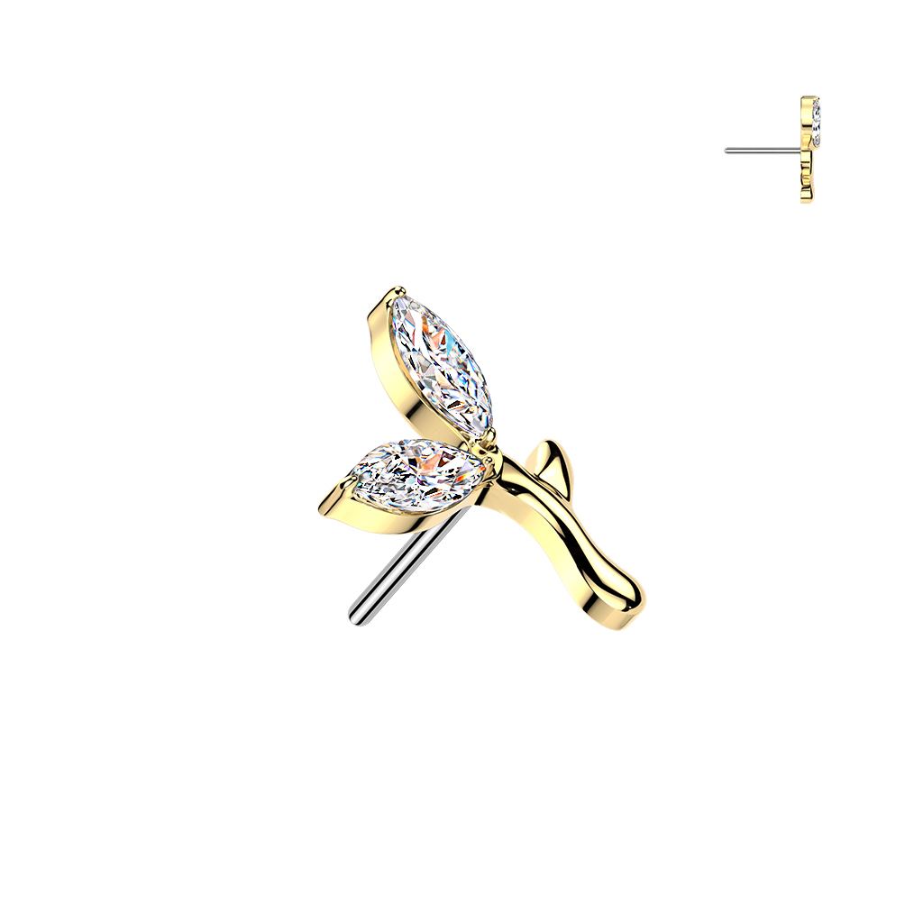 Gold labret with two marquise-cut clear gemstones forming a small leaf