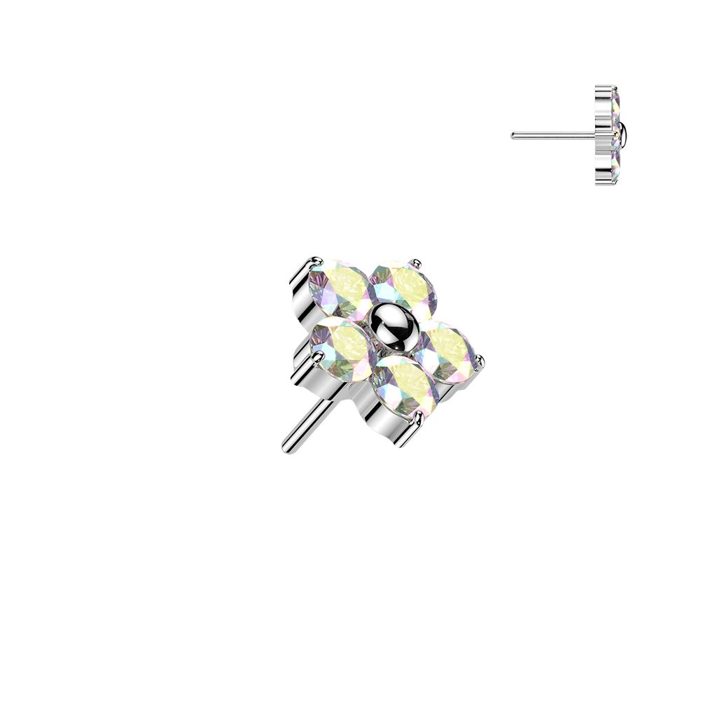 Silver labret with a four-petal flower cluster of iridescent round gemstones