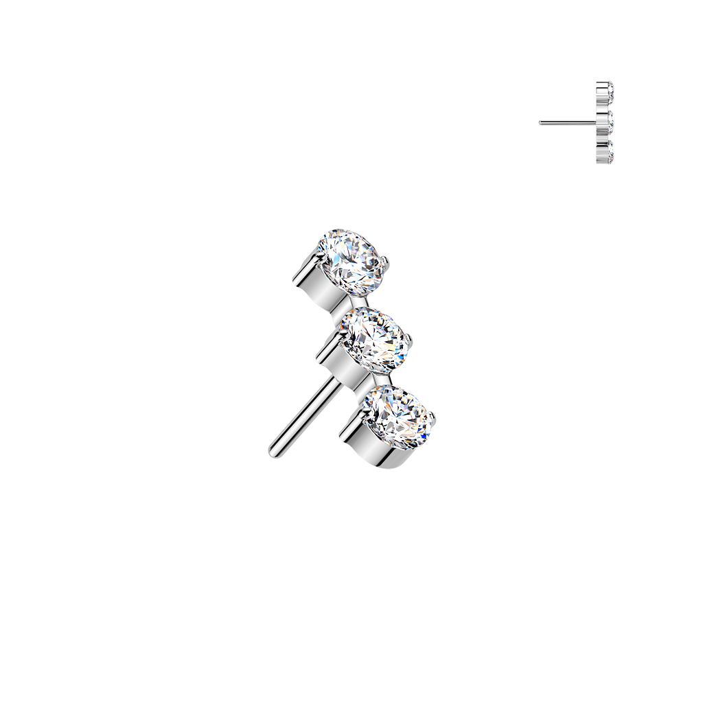 Silver labret with three graduated round clear gemstones