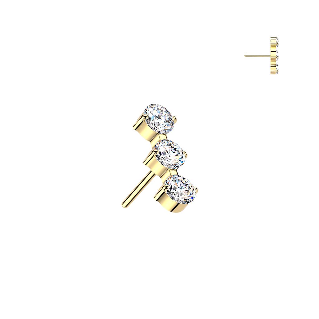Gold labret with three graduated round clear gemstones