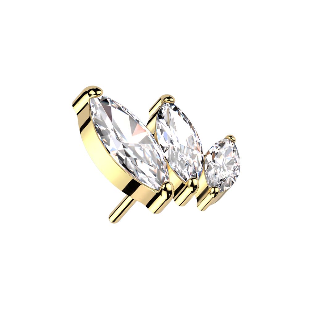 Gold labret with three graduated marquise-cut clear gemstones in a row