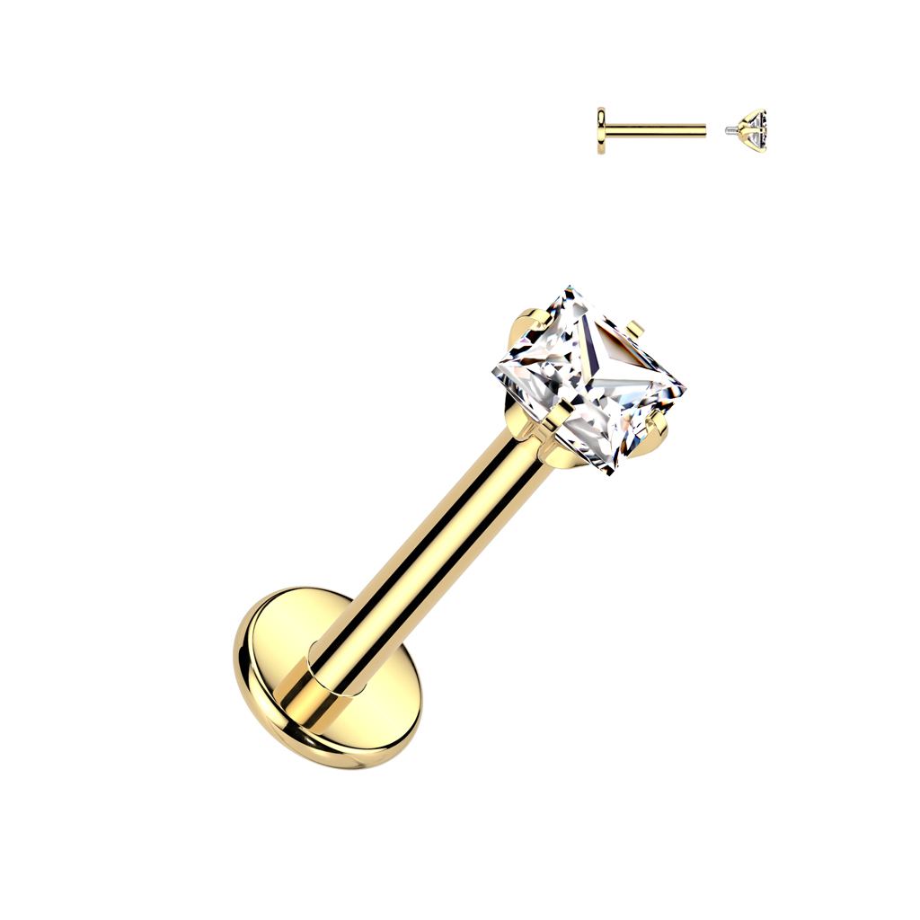 Gold labret with a single square princess-cut clear gemstone