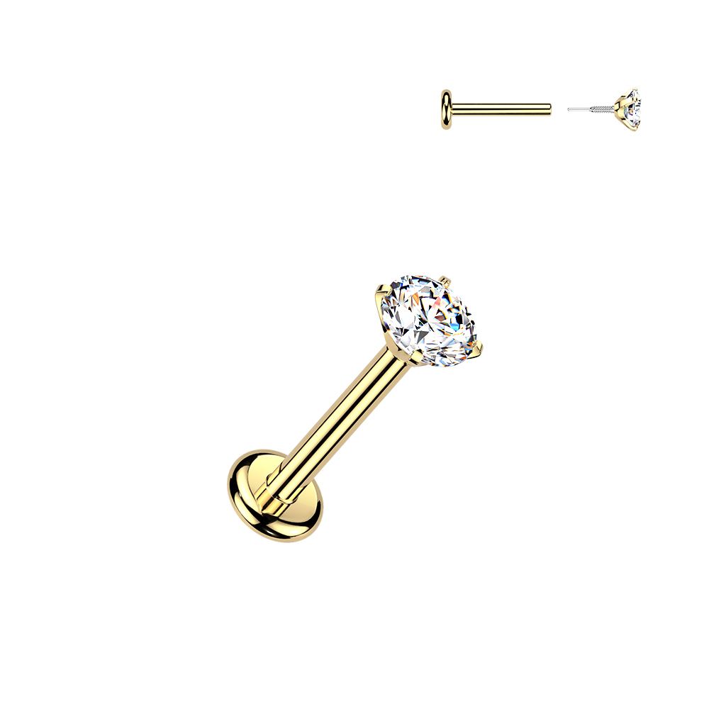 Gold labret with a single round clear gemstone solitaire