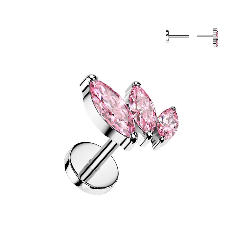 Silver flat-back with three graduated marquise-cut pink gemstones